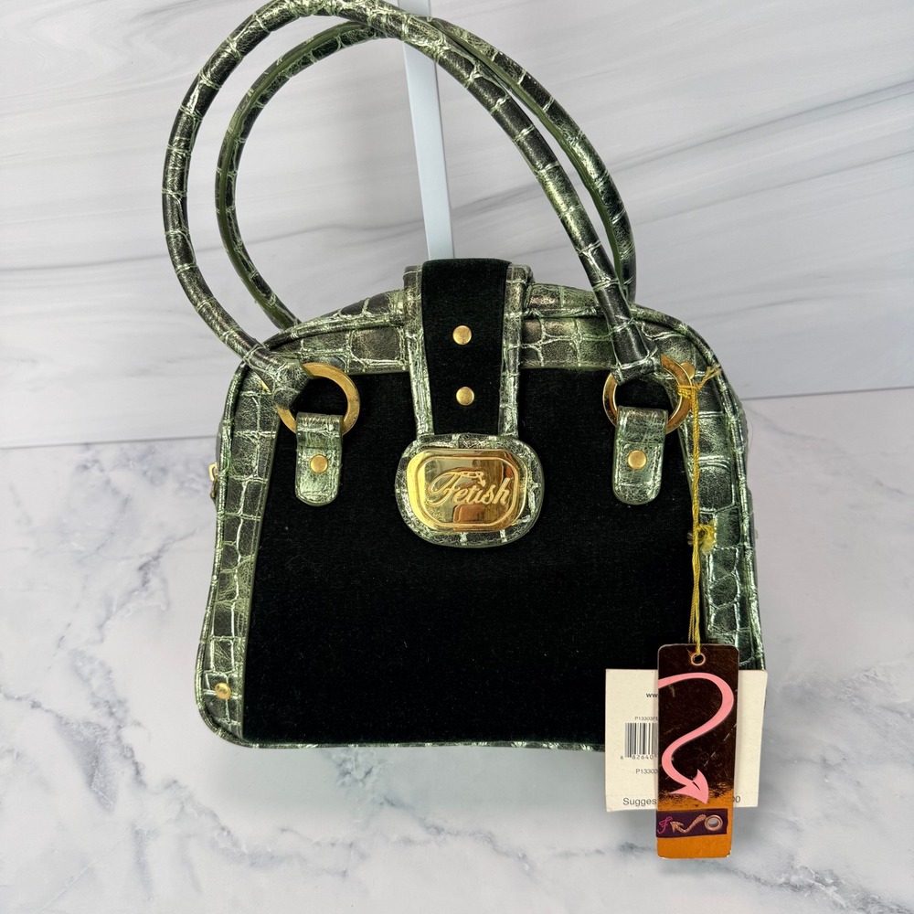 Vintage Fetish by Eve Y2K Metallic Croc Embossed Velvet Satchel Bag Green NWT